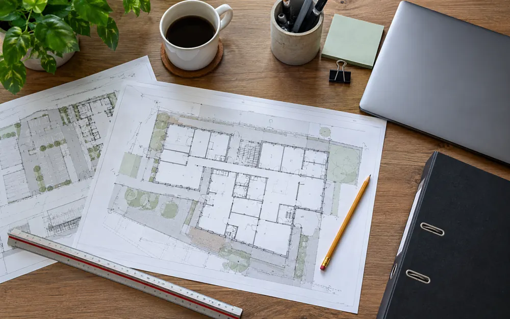 Building floor plans and a binder on a facilities management desk