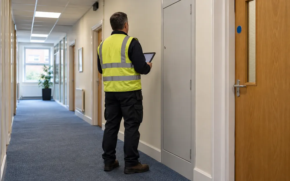 Surveyor recording a commercial corridor inspection on a tablet