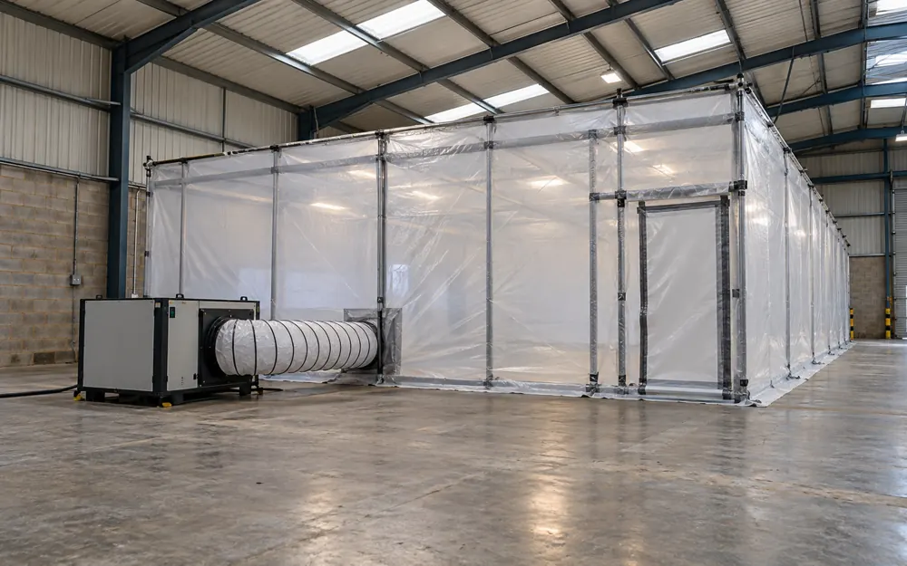 Sealed removal enclosure and extraction duct inside a commercial warehouse