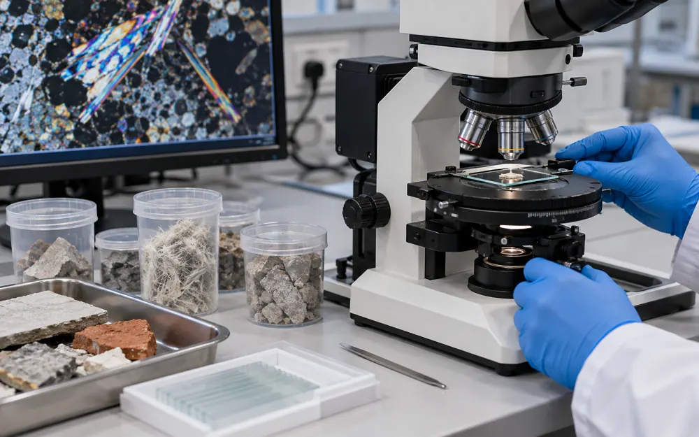 Microscope and sealed material samples on a laboratory bench